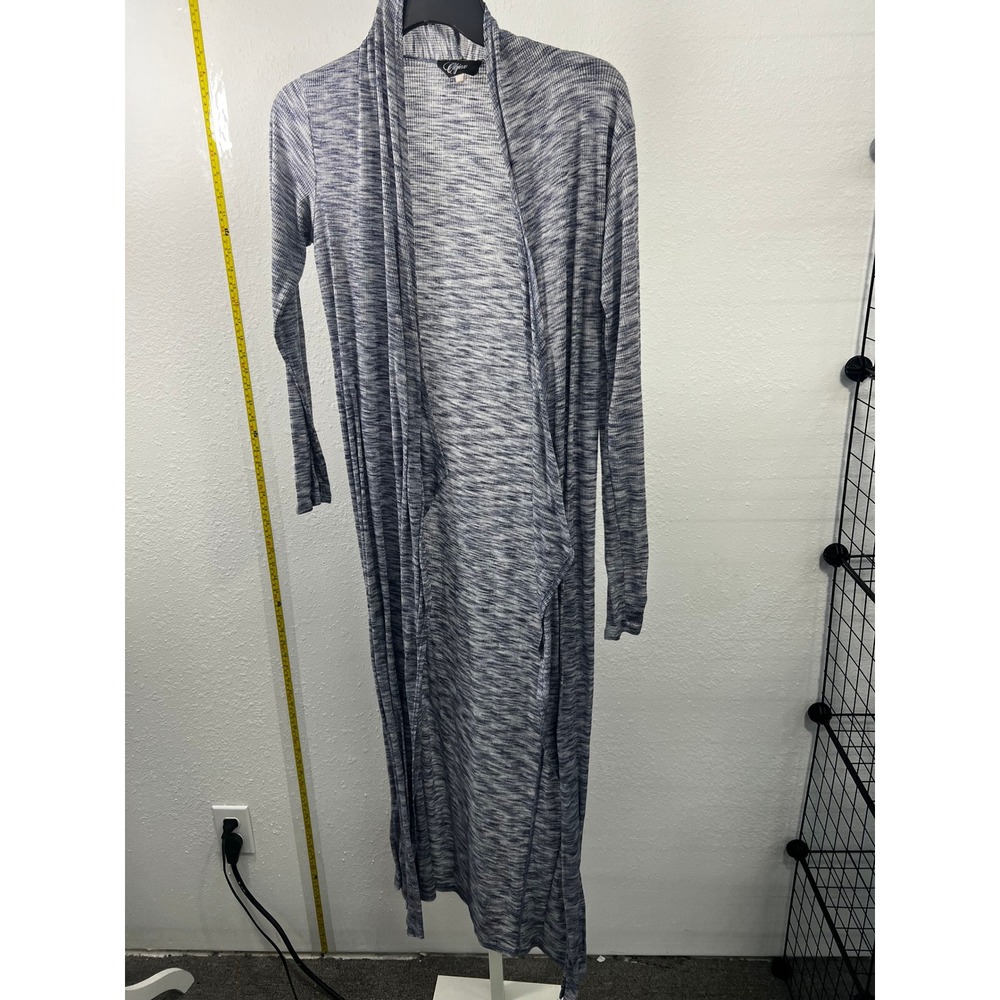 Objex‎ Blue White Space Dye Duster Cardigan Longline Open Front Ribbed Knit XL